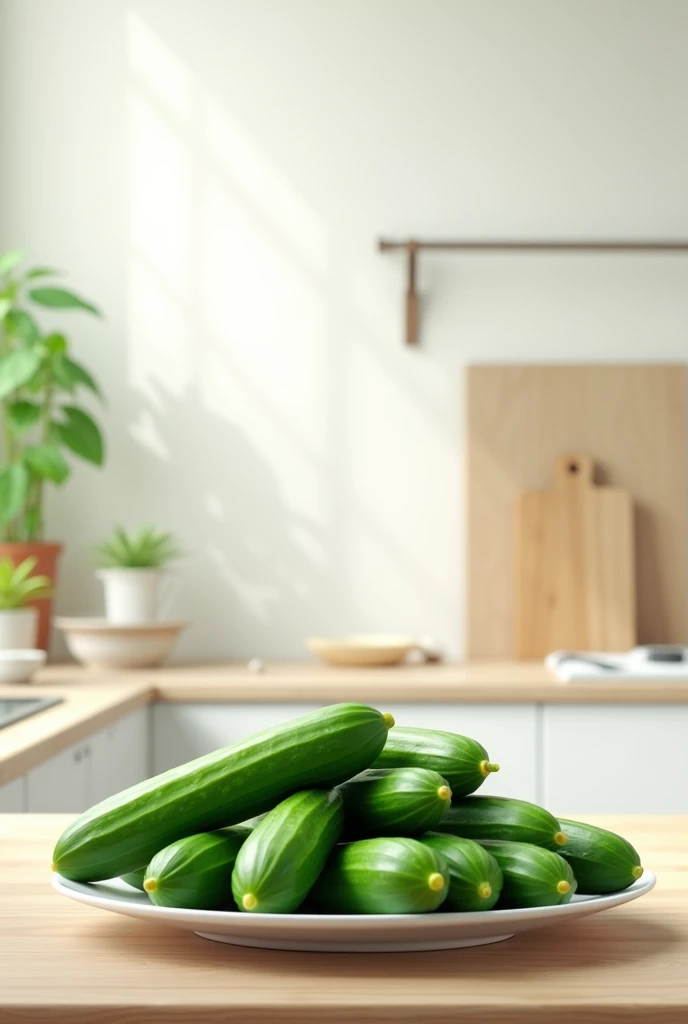 fresh cucumbers on a table with a light and cheerful kitchen background