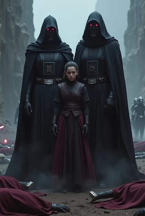 dark malgus, dark bane et rey palpatine, ambiance sombre, corps jedi au sol. 