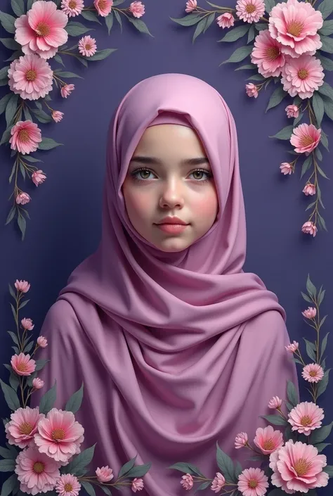 an art of muslim girl without face wearing hijab and the background is violet with flowers design

