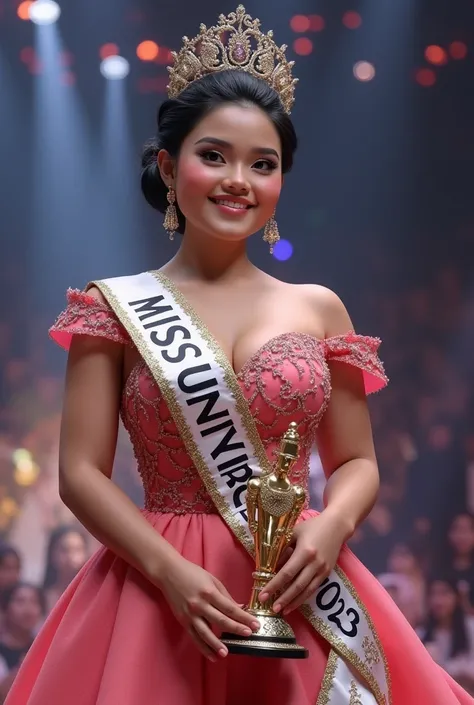 Real picture,  a beautiful young chubby Indonesian woman senyum tipis,hair topknot  mengenakan mahkota di kepalanya,dan memegang Piala ,wearing a Miss universe dress , wearing a sash ribbon that reads  "MISS UNIVERSE ESS 2025 "ejaan jelas dan terang,set of...