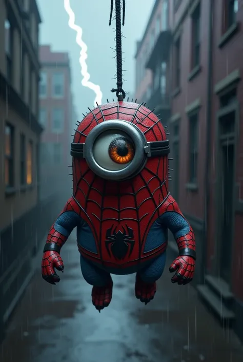 "A hybrid creature combining features of a Minion and Spider-Man, with a small, round body covered in a textured red and blue spider suit. The face retains the large, single goggled eye of a Minion but with a menacing glow, and its arms and legs are muscul...