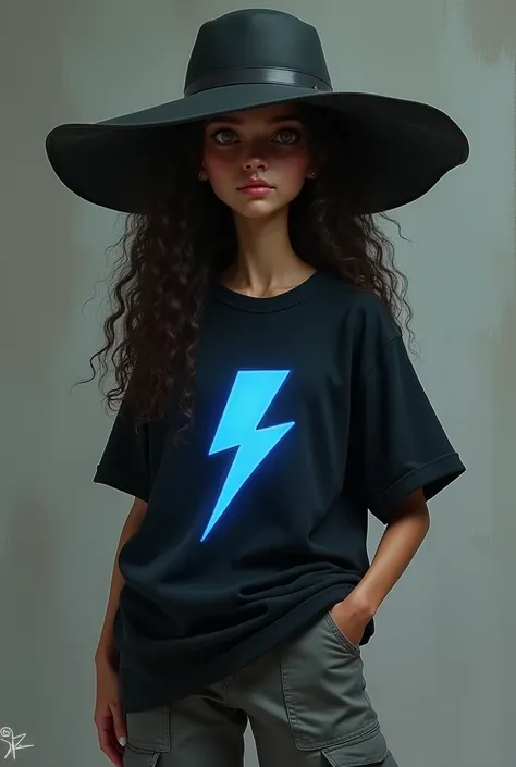   I want to be a game character  .   A girl with long curly hair  ， the woman in the hat  ， cover her face .   She wears a black oversized shirt and gray cargo pants  .   There is a blue lightning symbol on her black shirt .   This is a mysterious characte...