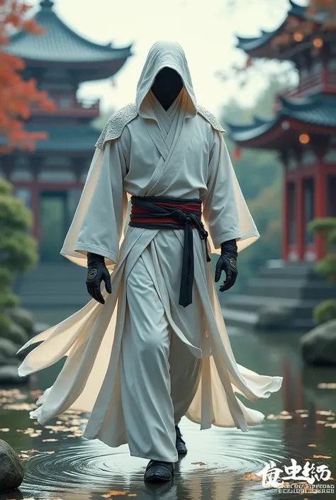 Create an assassin for me 
Give him a hidden blade like in Assassins Creed 
Give him white clothes
Give an old Japanese background but keep this figure 
