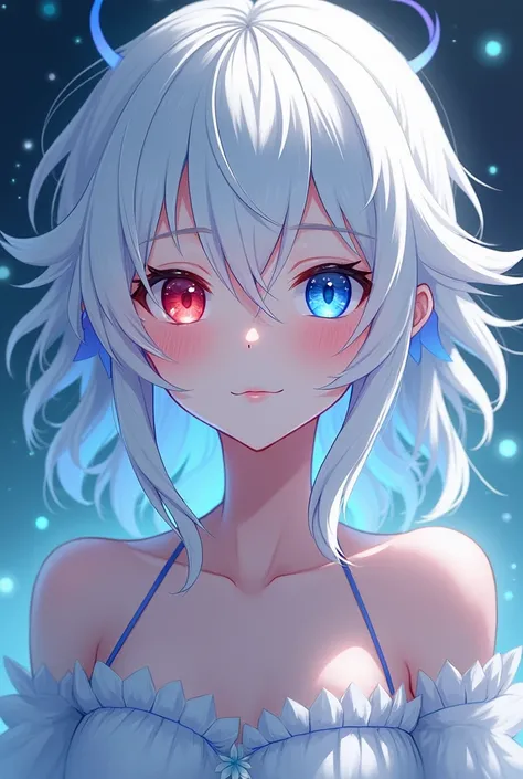 Androgynous with white hair. Heterochromic eyes, blue and red. Anime style
