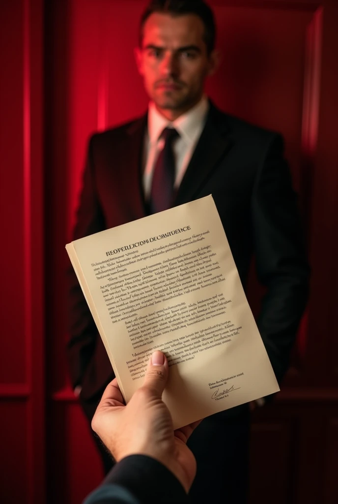   The image of a hand holding an envelope with legal documents. Charles lawyer is seen in the shade ,  but his tense face suggests more than meets the eye . The environment has a red tone