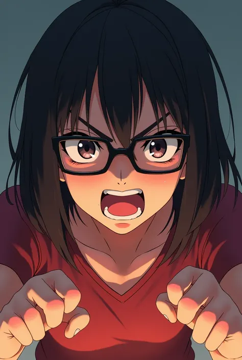 Anime girl with straight hair with glasses screaming angrily