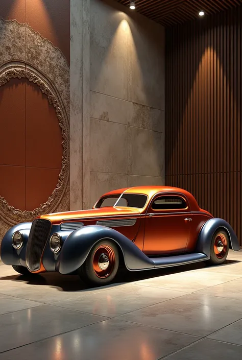 Create a real image of a maveric antique car in a decorated drywall setting 