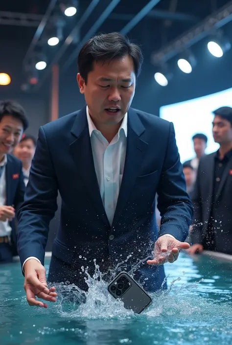 A Chinese man drops an iPhone in water from the launch