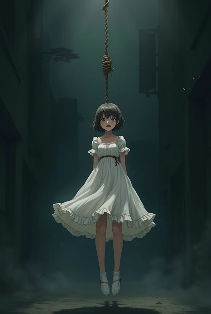 Anime boy hung by a noose wearing a princess dress 