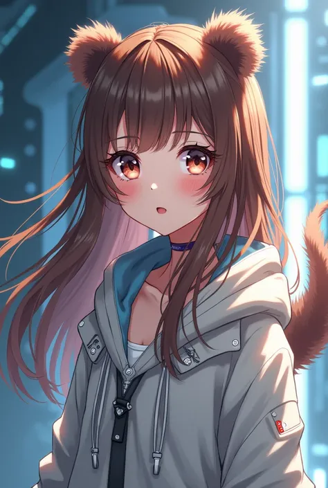  18 year old anime girl with long brown hair, with bear ears and tail ,  technological , anime style 4k