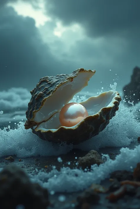 Create an image oyster with pearl inside caught in a bad weather