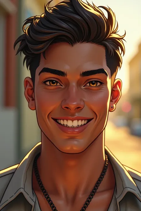 Name: leonardo "Leo" Almeida
Age : twenties
Brazilian
Appearance :

Hair: brown,  straight and well-groomed ,  with a modern cut that highlights the face .

eyes: browns profundos,  with an intense shine that transmits mystery and confidence .

First: dark...