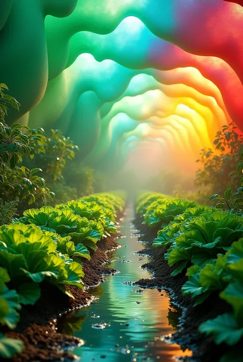  a nursery with different lengths of solar waves, green,blue, yellow ,  red with lettuce plants inside  