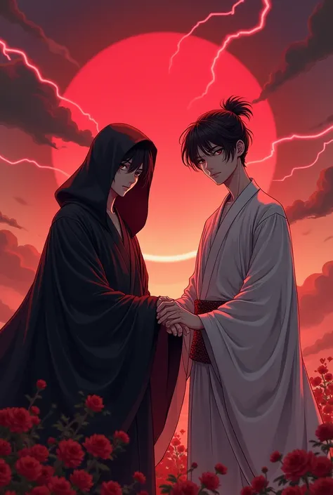 2 30-year-old Asian men , looking at camera,白いローブの男性だけgrim Reaperの鎌を持つ,The sky is bright red,Lightning strikes,Same face,grim Reaper, a man in a white robe stand side by side , twins are very handsome , a man in a black robe wears a black hood and holds hi...