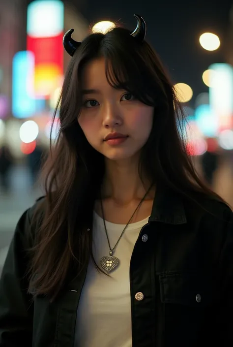 35mm film photography, A young british woman with long dark hair wearing a black jacket and white t-shirt, with a small diamond heart shaped pendant, and small black horns, standing in a brightly lit urban environment with blurred city lights in the backgr...