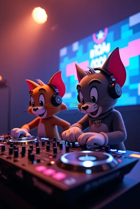 tom and jerry are both djs as edm djs djing live with their headphones on and djing on their pioneer dj ddj-rzx stage with their show name dj tom and jerry logo on their own visual lcd screen