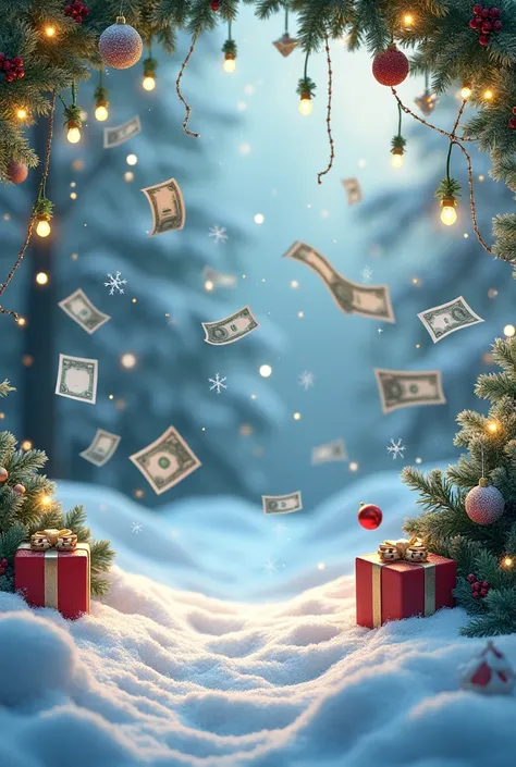 Money and christmas pc wallpaper no peraon needed  and make snowing money in background with christmas decorations 