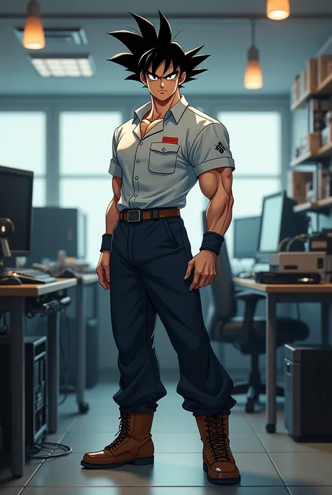 Make the image of a realistic person like Goku wearing Computer Technician clothing