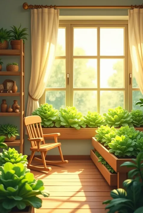 generate a nursery with yellow sunlight and with lettuce plants inside