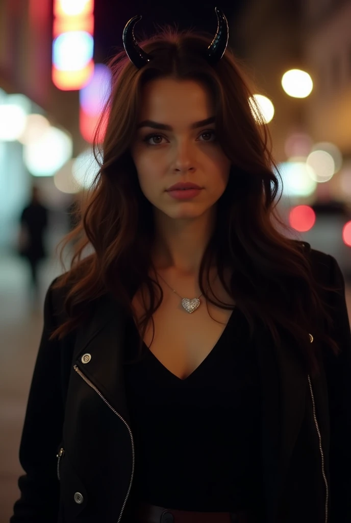 35mm film photography, A young british woman with long dark hair wearing a black jacket and black t-shirt, with a small diamond heart shaped pendant, and small black horns, standing in a brightly lit urban environment with blurred city lights in the backgr...