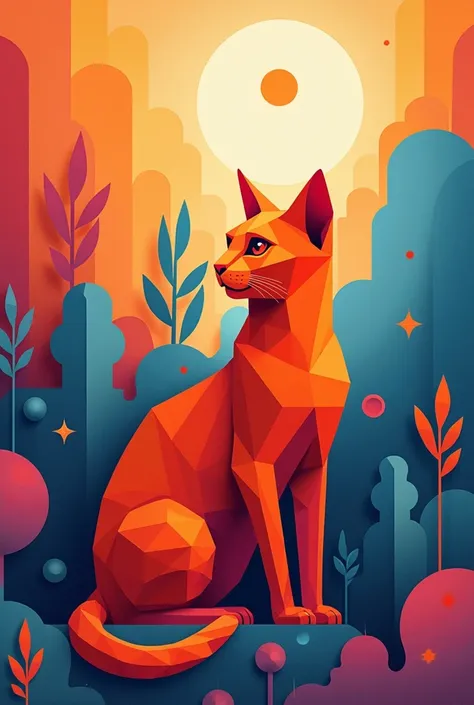 cat silhouette 2d art, vibrant colours, geometric shapes, paper cut out