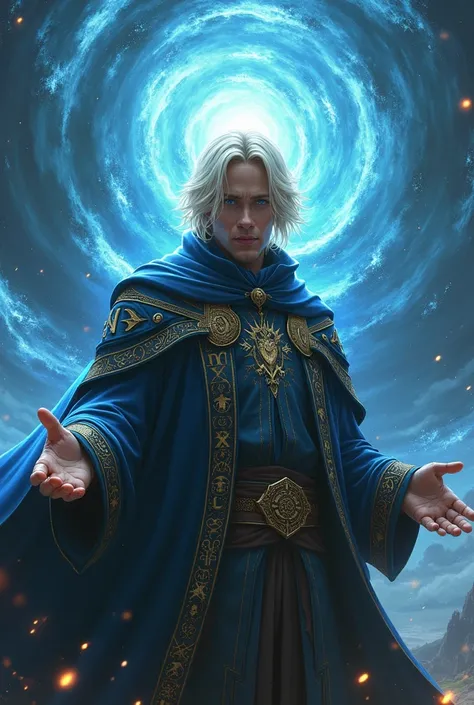 Create a photo of a 35-year-old blonde man with glasses and a sorcerer.