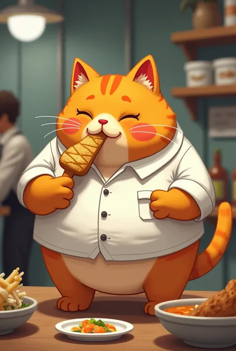  about 3 .5 ft )  and thickness : Heavy body, stomach turned out a little. Orange colored cat 
Wearing a white shirt 



Fourth Scene:  Meal Interval

The cat goes to the factory canteen and eats a lot of food. The thickness of its abdomen is more noticeab...