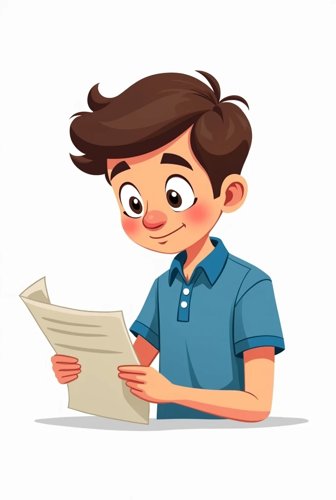 cartoon of teenage student wearing blue polo looking at his exam white background