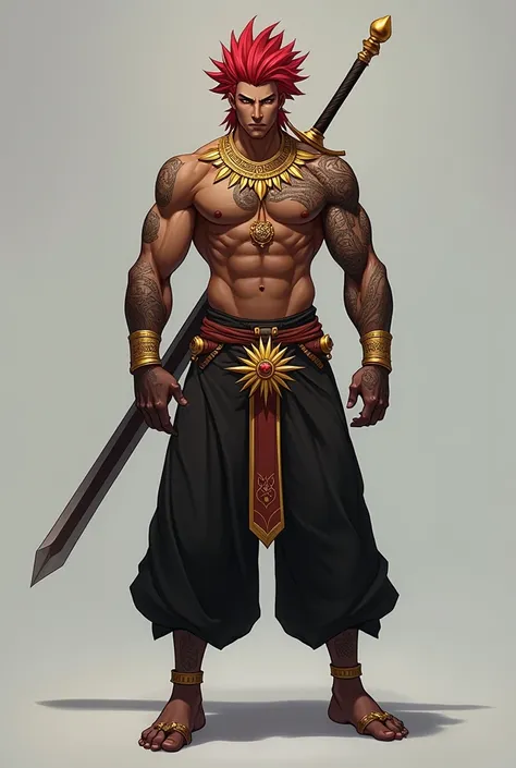 Genshin impact character, tall male, darker skin, Red hair, no facial hair, his chest and abs are exposed, wears long Black Aztec pants, Has a lot of Aztec tattoos, he wields a long sword, he Has golden jewelry resembling the sun