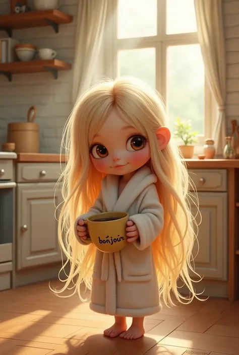 Un bébé fille aux cheveux très très longs blonds avec des grands yeux est dans la cuisine en peignoir elle est devant la machine à café et prend une grosse mug beige avec marqué bonjour 