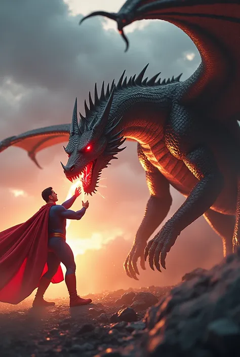 Super man dragon को अपनी लेजर से मार रहा है।