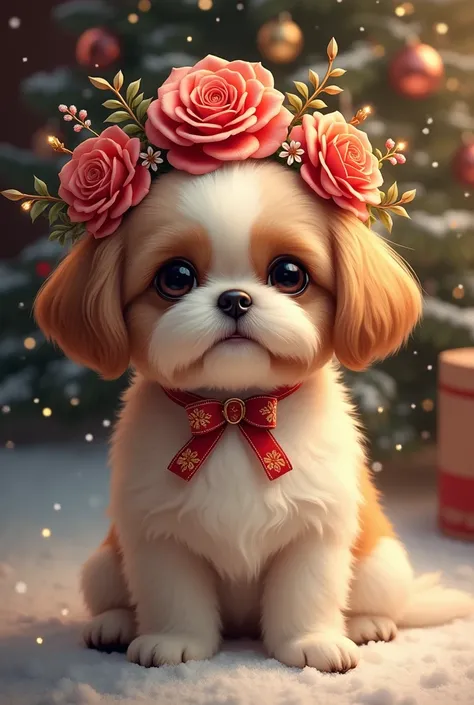 A shihtzu fema called Susi gold-and-white with a Christmas-themed Asian rose