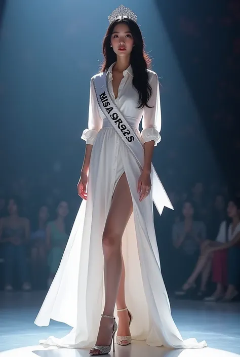 👸 a Korean beauty wearing a long dress shirt  ,, tukasan in a white sash MISS ESS 2025 standing on stage wearing heels 