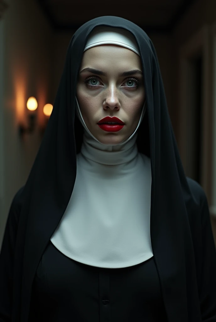 A hyper-realistic and unsettling depiction of a Brazilian nun standing in an eerie, dimly lit setting, her presence exuding both calm and subtle menace. She wears a traditional black and white habit, her pristine veil framing her pale, serene face. Her eye...