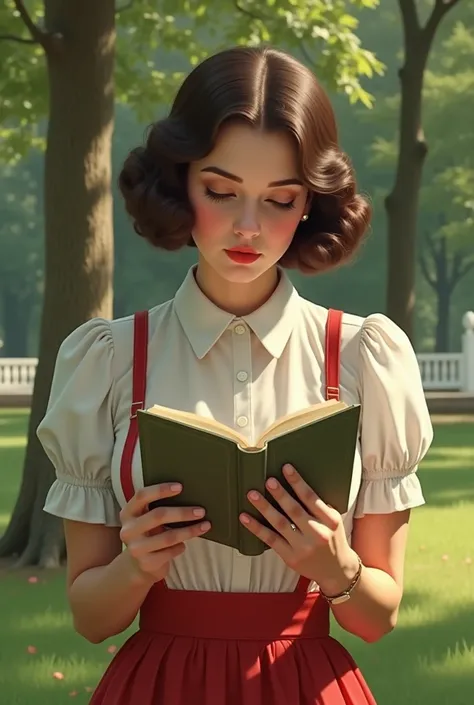 Realistic 30 year old woman reading in the park noa kirel face focus, wearing bobbysoxers bouncy blouse looking 1940s teen craze ankle-showing, closeup, centered, facing viewer,  [cartoon, vector art, anime :realistic, real life, hyper realistic:0.15],
und...