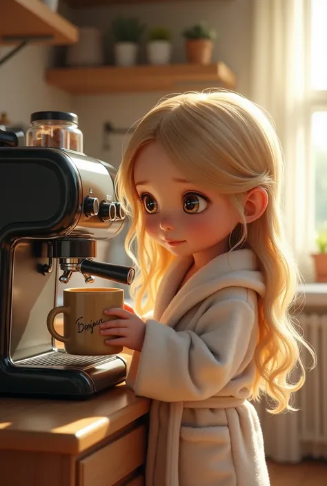 Un bébé fille aux cheveux détachés très très longs blonds avec des grands yeux est dans la cuisine en peignoir elle est devant la machine à café et prend une grosse mug beige avec marqué bonjour 