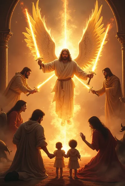 Jesus and male angels, warriors of power with fiery swords in their hands, fight with demons in a room where there is a father and mother and ren with the Bible praying to God.