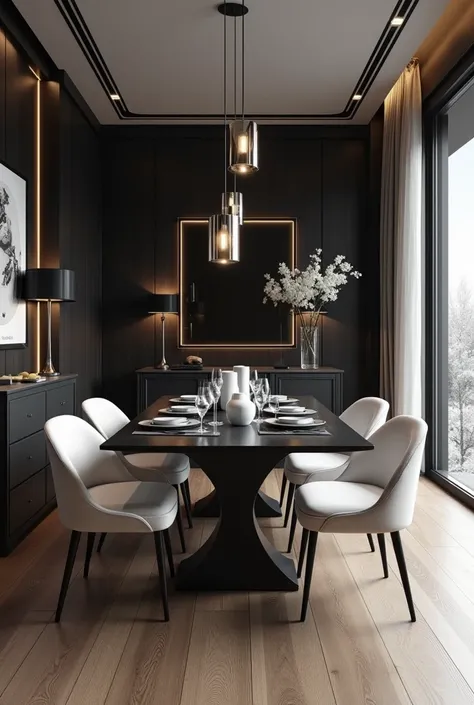 PROFESSIONAL ARCHITECTURAL 3D RENDERING   Modern and minimal and high tech design OF THE DINING ROOM DESIGN WITH A   Elegant and luxurious  dark steel TABLE IN BLACK AND  and 6 CHAIRS WITH  Modern and Elegant very  white VELVET COVER AND black steel legs a...