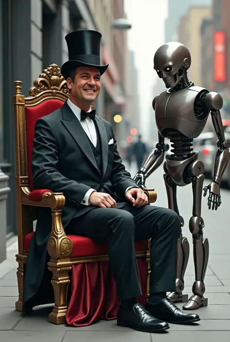 A smiling man wearing a top hat sits on a throne on the sidewalk while a T-800 shines his shoe