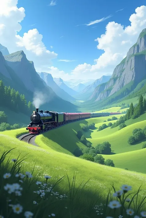 A scene where a train disappears into a beautiful landscape