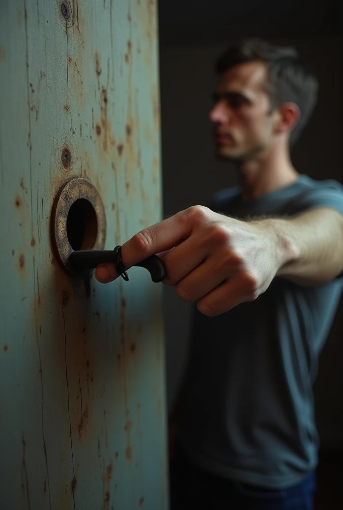 A man hides and we dont see him, but he inserts his penis into a board extending from the floor to the ceiling and a black brown penis comes out on the other hand so you can suck it for him 