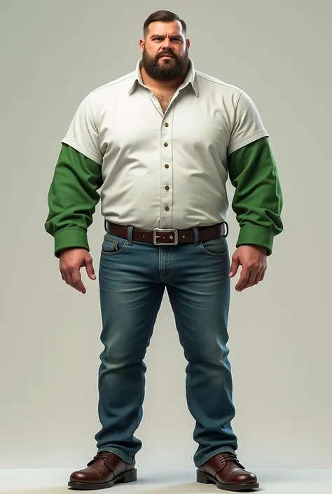 Make a  , king,  wearing a white shirt with green sleeves, wearing tight jeans ,  butt and with more or less ,  with a slightly square head 