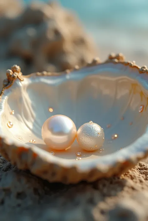 Create an image with a young and old wise pearl talking inside the oyster