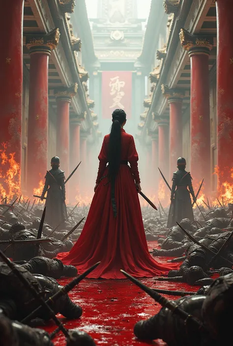 very detailed, Hight resolution, realistic, A very beautiful woman queen, Ninja s were scattered everywhere covered in blood, 2 female guarding the queen, a very large royal palace, 2 female guards stood firmly on the right and left side of the queen, 2 fe...