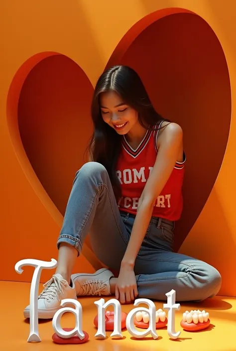 A beautiful smiling Thai woman sees her teeth sitting on the floor holding the name ,Tanat, made of gothic glass font in 3D text. She is dressed
In a jersey, jeans, long legs and sneakers, the background should be orange walls, with a heart-shaped profile.