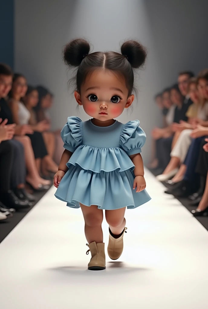 A chubby baby walking confidently, with exaggerated baby fat and round cheeks. The babys hair is in two buns She is walking down the runway at a fashion show. She is wearing a light blue tiered dress with intricate gathered details on the sleeves, giving i...