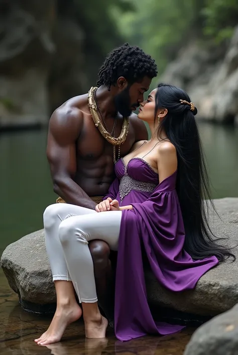 a black African man, very black skin, black as ebony, very ugly face, curly hair, thick lips, shirtless, no pants, only wearing a loincloth in the style of an African native, face painted in the style of a warrior, around his neck he wore a necklace, hangi...