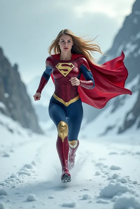 Super woman running in the snow 