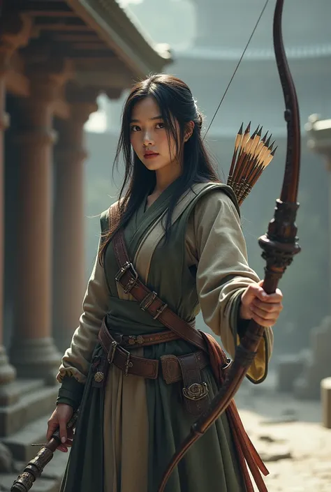 woman Holding a bow and arrow in front of a building, Photo by Yang J., instagram,  Realism, หญิงHolding a bowโค้ง, Holding a bow,  with rifle ,  with bow and arrow,  using a bow , Holding a bow and arrow, Holding a bowและลูกธนู,  holding bow mechanism ,  ...