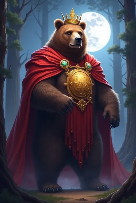 A bear with a king crown ,  a red cape and a large amulet, moonlit night.